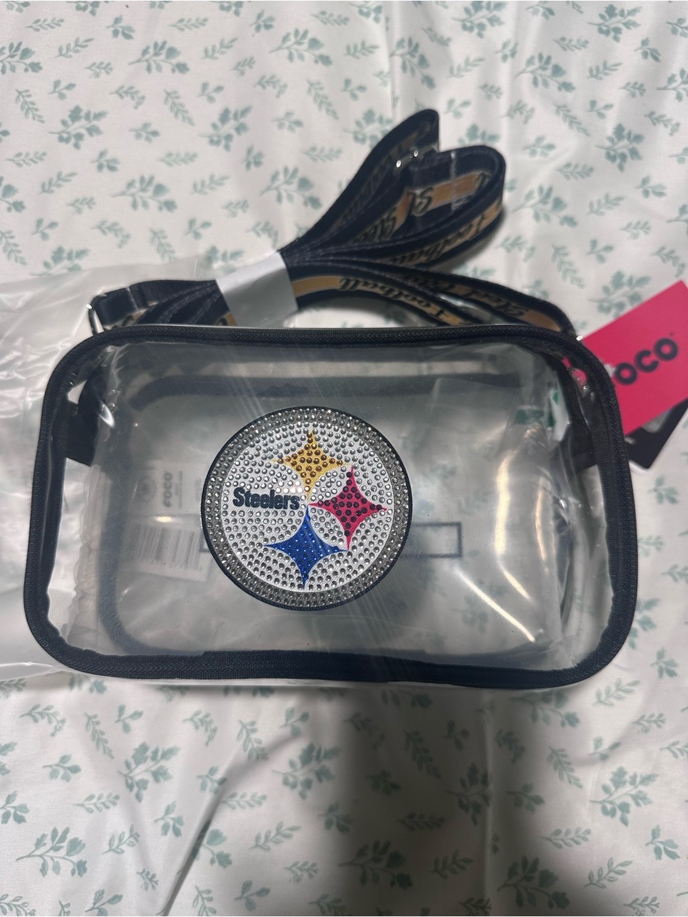 NFL Clear Crossbody Bag with Rhinestone Steelers Emblem and Black Trim